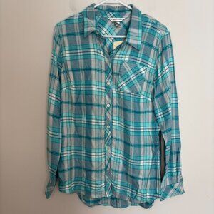 CHRISTOPHER & BANKS NEW Teal Plaid Flannel Womens M Collared Long Sleeve Rayon
